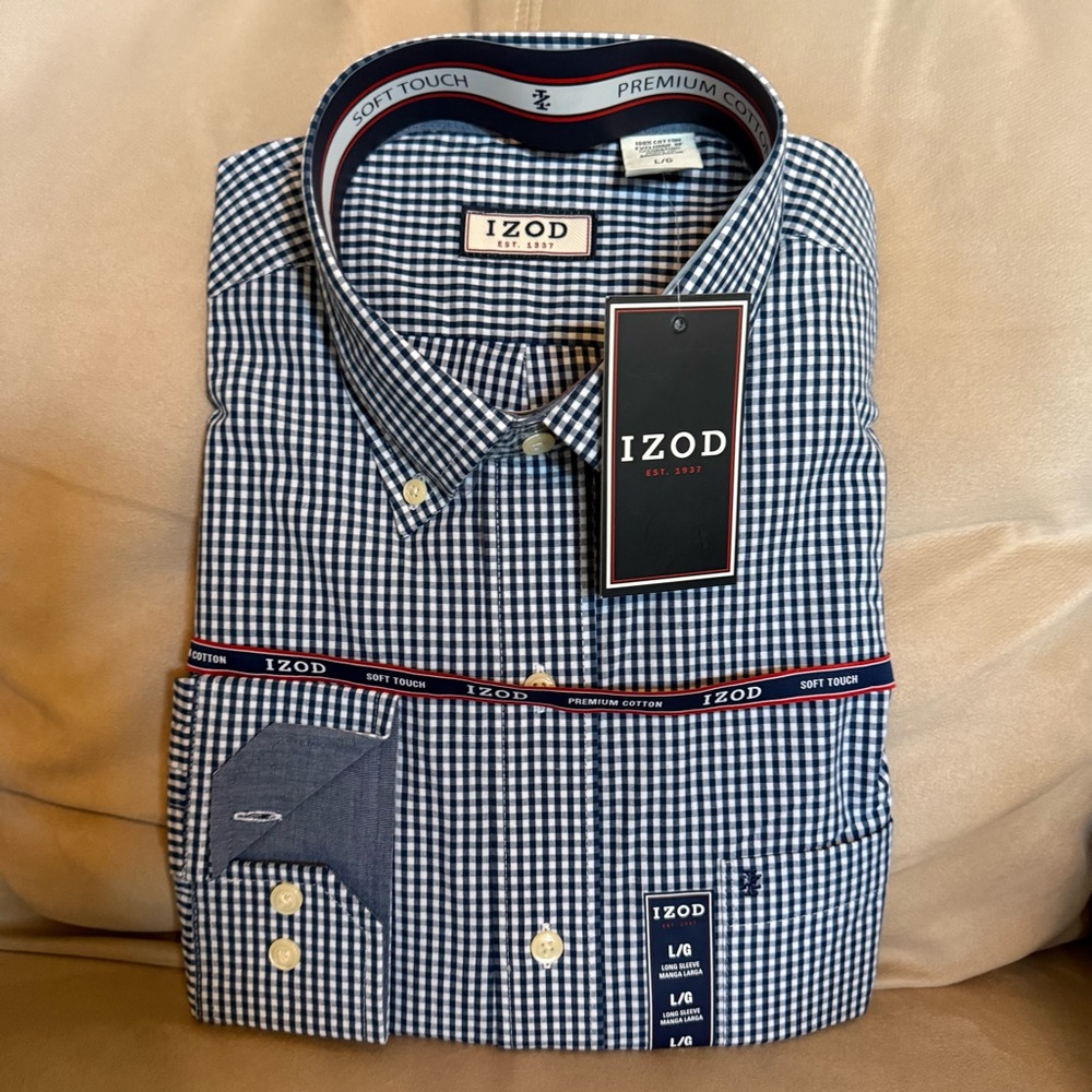 IZOD Men's Blue Checkered Button Down Dress Shirt Long Sleeve Large Casual